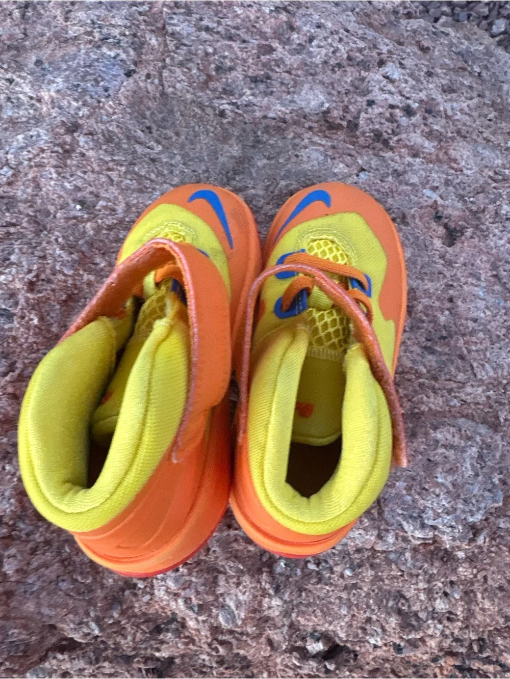 Nike Kids Orange and Yellow Hook-and-Loop Sneakers with Blue Swoosh